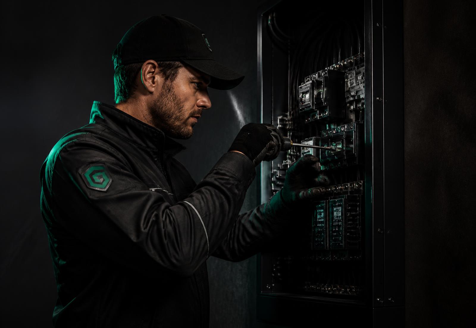 Mamba Electric electrician servicing an electrical panel